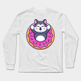 Cute husky with doughnut cartoon Long Sleeve T-Shirt